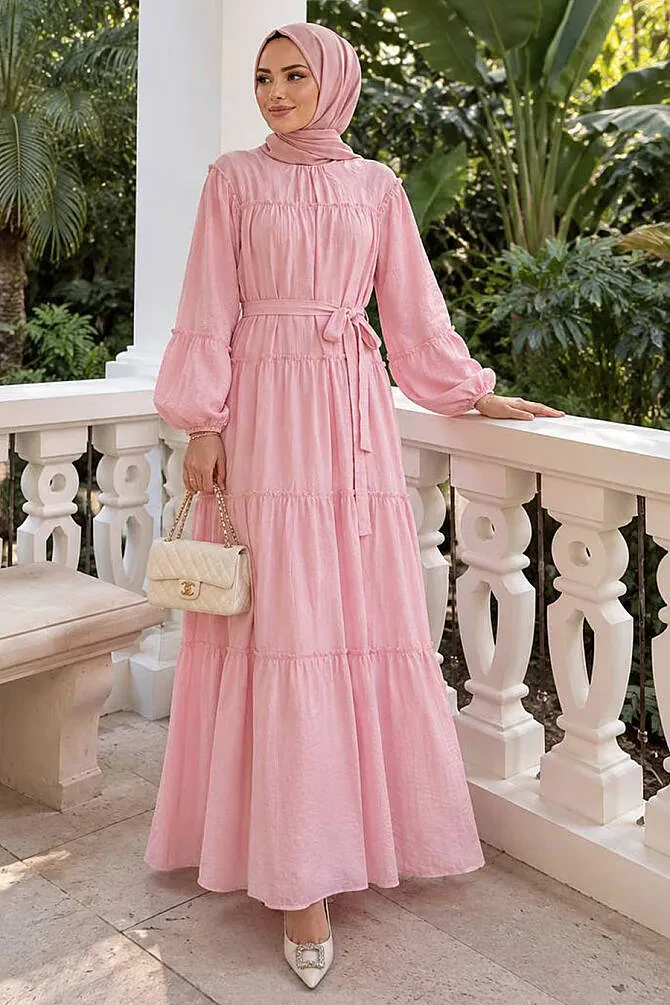 Katlı Büzgü Detaylı Pembe Tesettür Elbise 5334P - 1