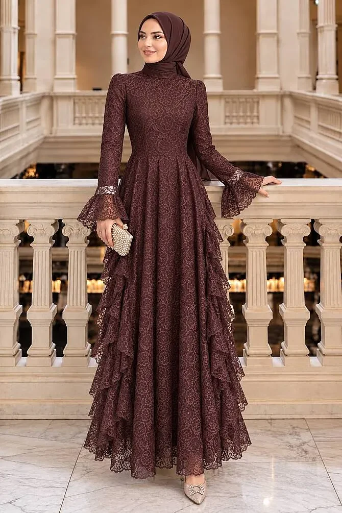 Layered Ruffle Detail Guipure Dark Brown Modest Evening Dress 4943KKH - 1