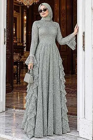 Layered Ruffle Detail Guipure Mint Modest Evening Dress 4943MINT 