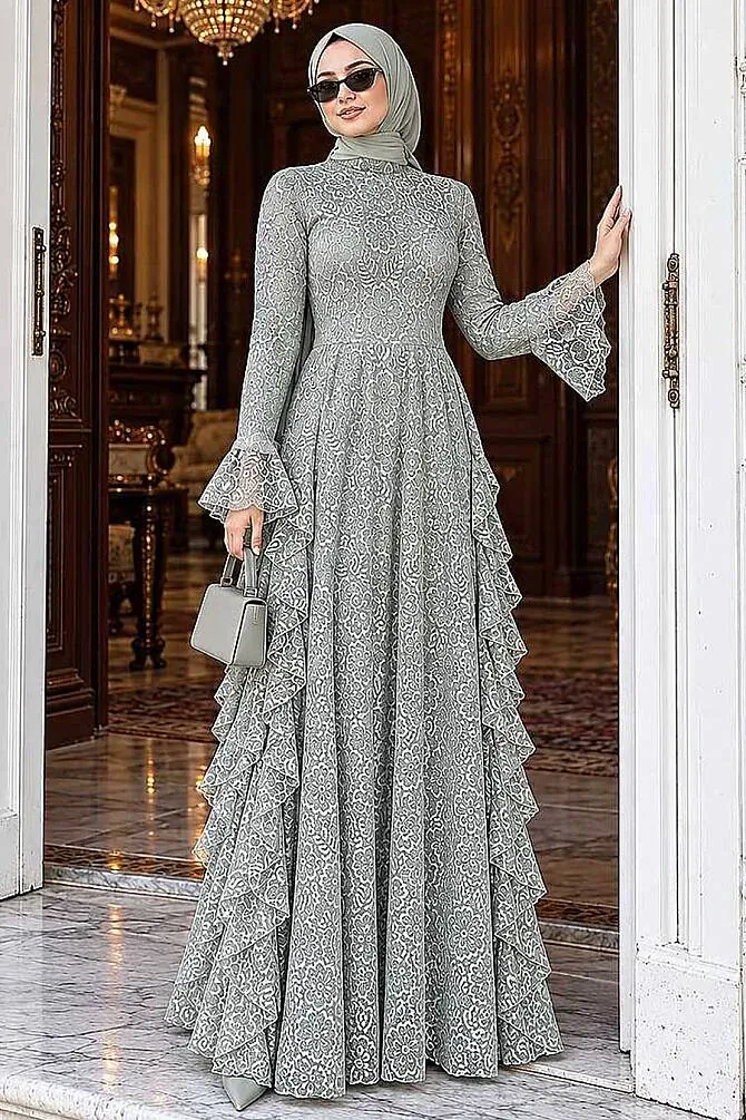 Layered Ruffle Detail Guipure Mint Modest Evening Dress 4943MINT - 1