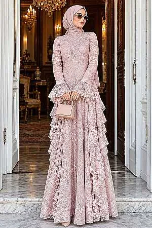 Layered Ruffle Detail Guipure Powder Pink Modest Evening Dress 4943PD 