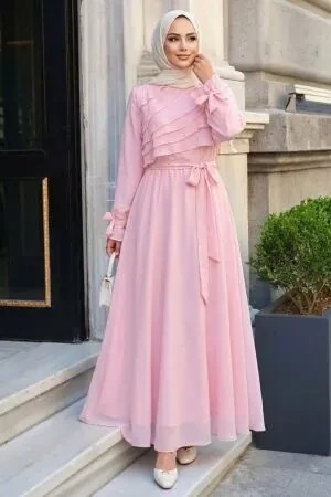 Katlı Fırfır Detaylı Kemerli Pembe Tesettür Elbise 5332P - 1