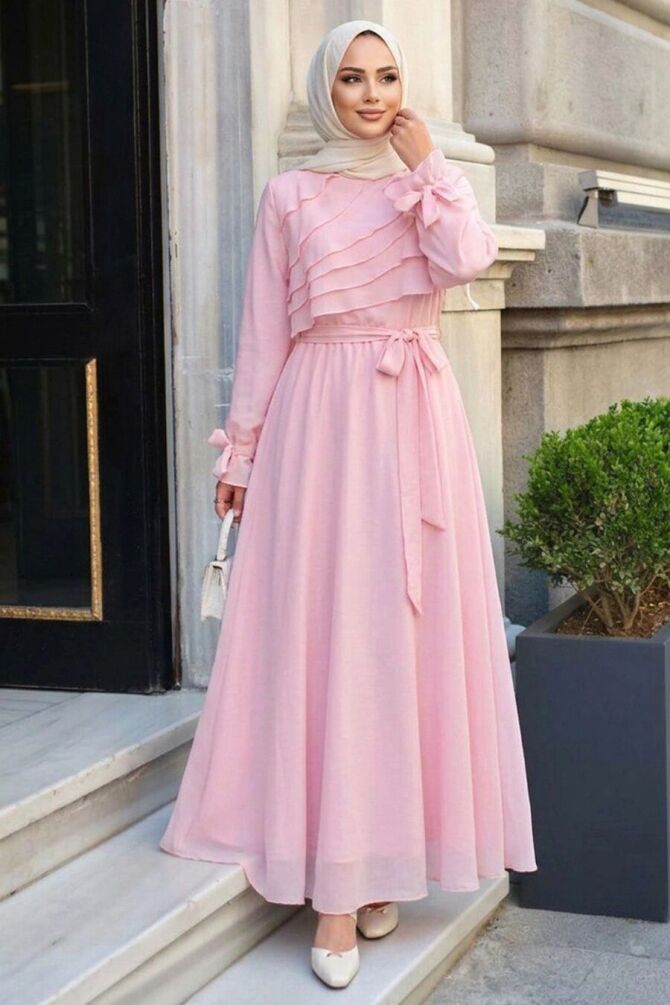 Katlı Fırfır Detaylı Kemerli Pembe Tesettür Elbise 5332P - 1
