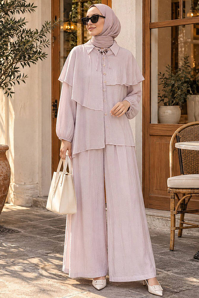 Katlı Pelerin Detaylı Lila Tesettür Takım 26101LILA - 1