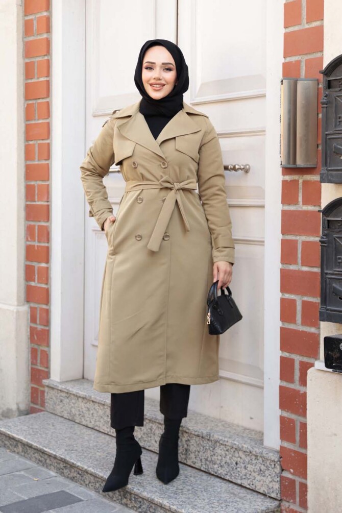 Kemerli Açık Haki Tesettür Trençkot 62481AHK - N.S NEVA STYLE