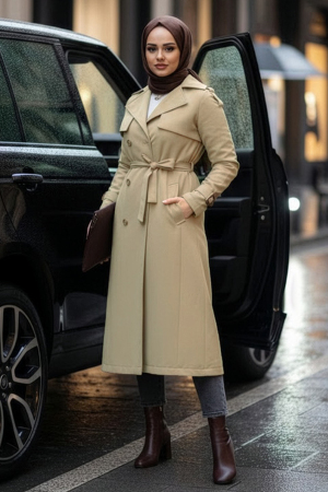 Kemerli Açık Haki Tesettür Trençkot 62481AHK - 1