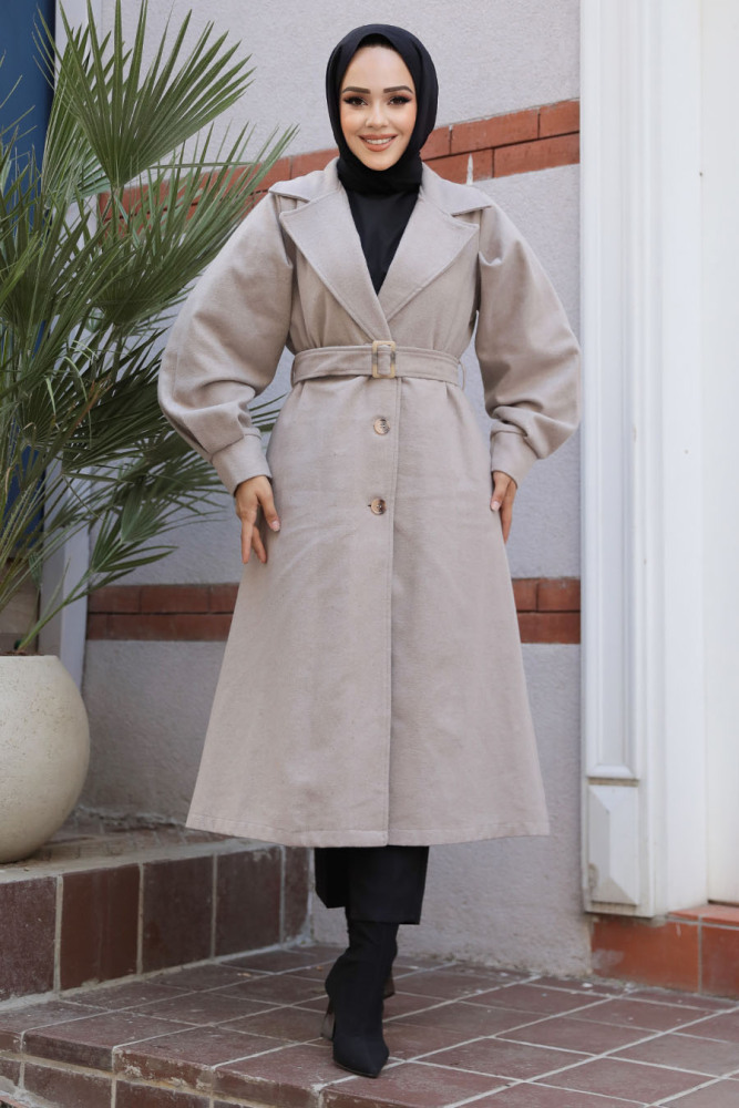 Kemerli Bej Kaşe Tesettür Kaban 61241BEJ - NEVA STYLE