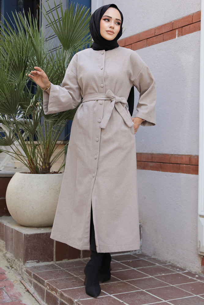 Kemerli Bej Kaşe Tesettür Kaban 61302BEJ - NEVA STYLE