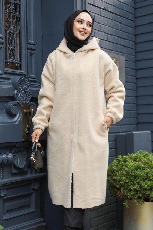Kemerli Bej Keçe Tesettür Kaban 72151BEJ - NEVA STYLE