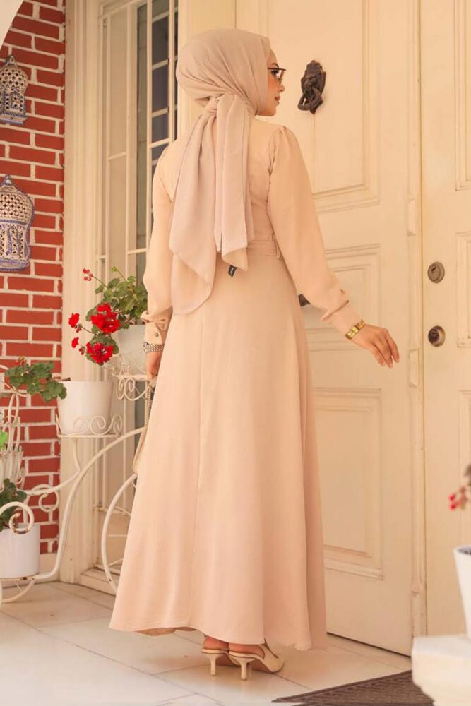 Kemerli Bej Tesettür Elbise 6621BEJ - 3