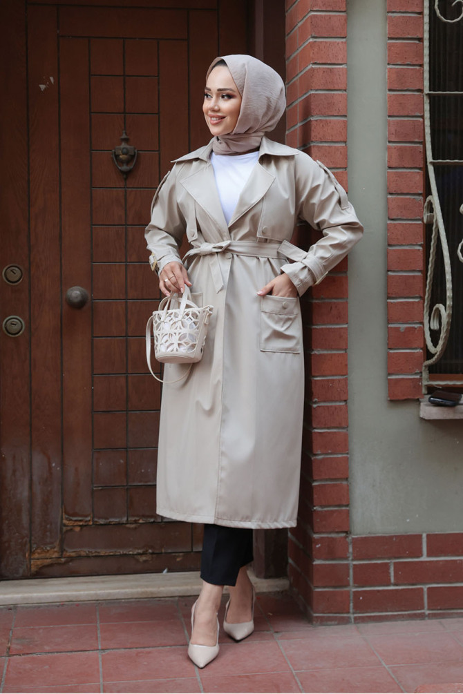 Kemerli Bej Tesettür Trençkot 10701BEJ - 2