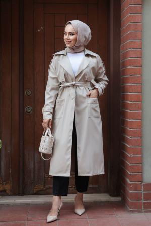 Kemerli Bej Tesettür Trençkot 10701BEJ - 1
