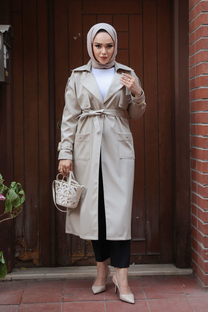 Kemerli Bej Tesettür Trençkot 10701BEJ - 3