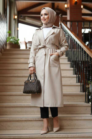 Kemerli Bej Tesettür Trençkot 10701BEJ 