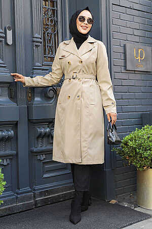 Kemerli Bej Tesettür Trençkot 60500BEJ - NEVA STYLE