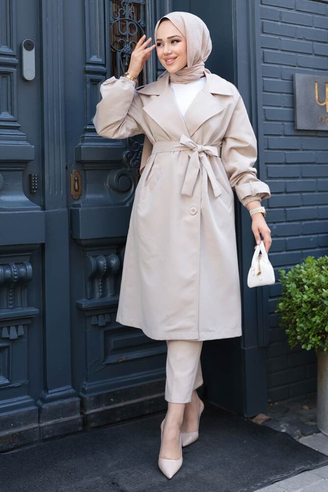 Kemerli Bej Tesettür Trençkot 62181BEJ - 1