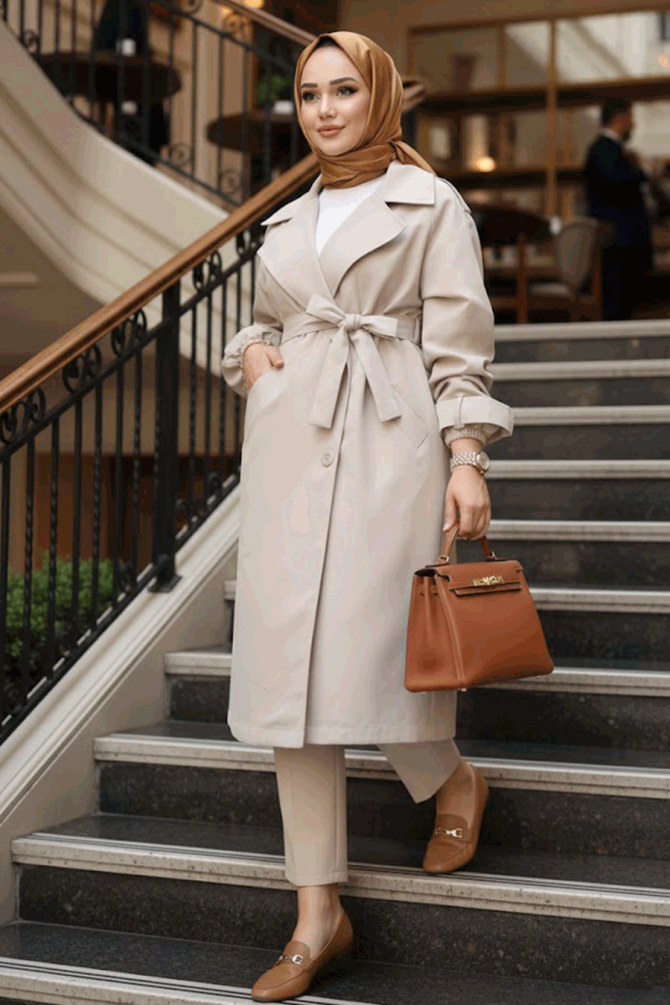 Kemerli Bej Tesettür Trençkot 62181BEJ - 1