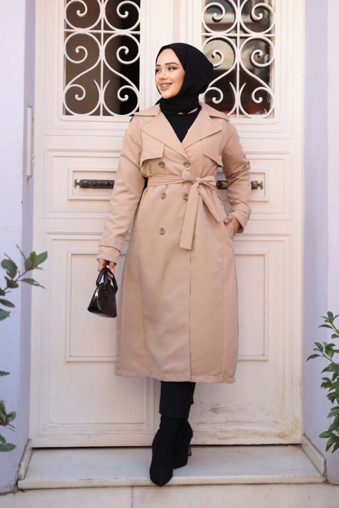 Kemerli Bej Tesettür Trençkot 62481BEJ - N.S NEVA STYLE