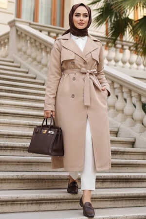 Kemerli Bej Tesettür Trençkot 62481BEJ - N.S NEVA STYLE