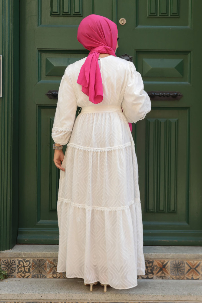 Kemerli Beyaz Tesettür Elbise 14131B - 3