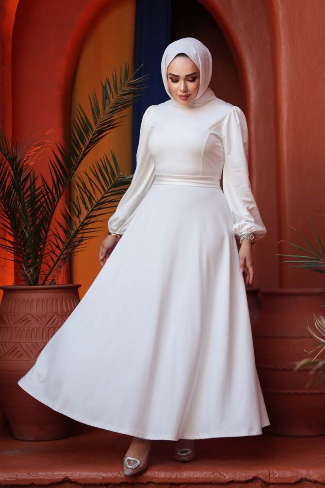 Kemerli Beyaz Tesettür Elbise 23101B - 1
