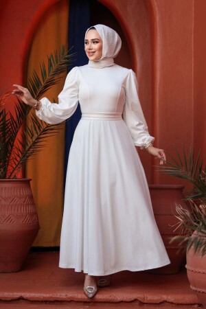 Kemerli Beyaz Tesettür Elbise 23101B - 3