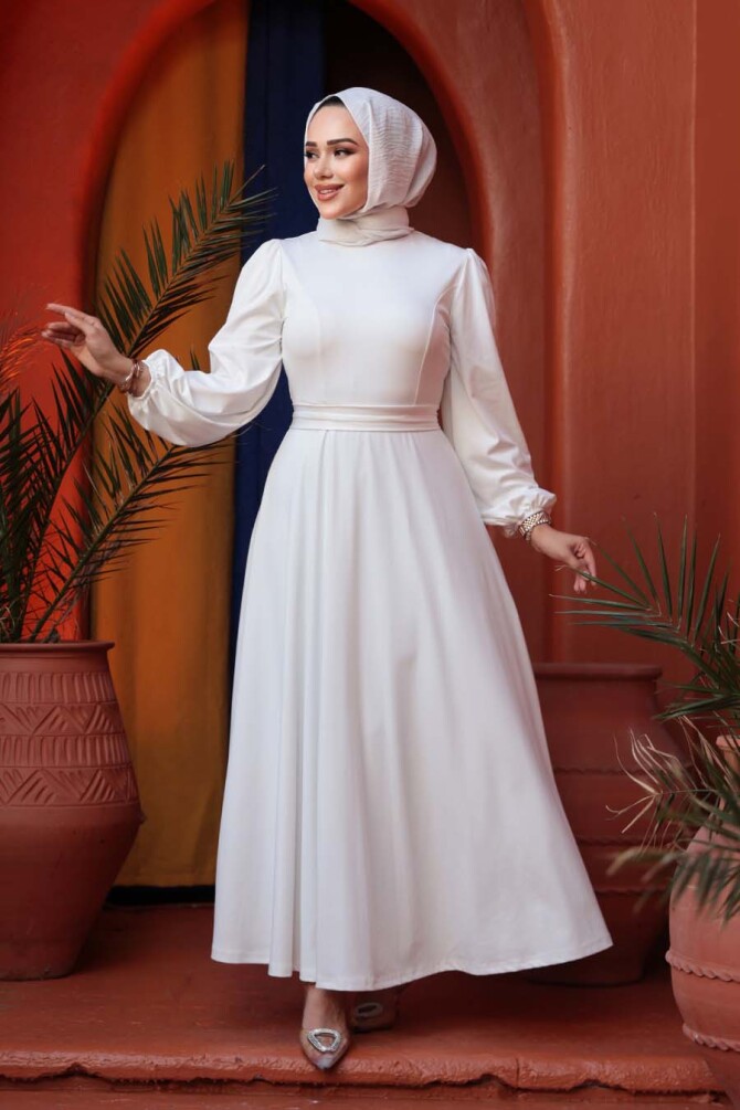 Kemerli Beyaz Tesettür Elbise 23101B - 3