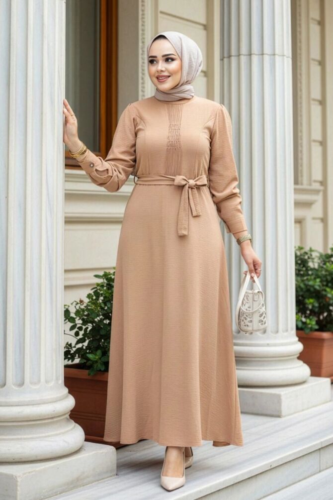 Kemerli Bisküvi Tesettür Elbise 6621BS - 1
