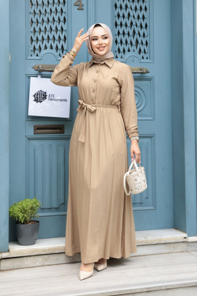 Kemerli Bisküvi Tesettür Elbise 7238BS - 4