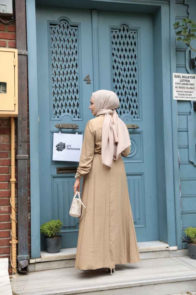 Kemerli Bisküvi Tesettür Elbise 7238BS - 5
