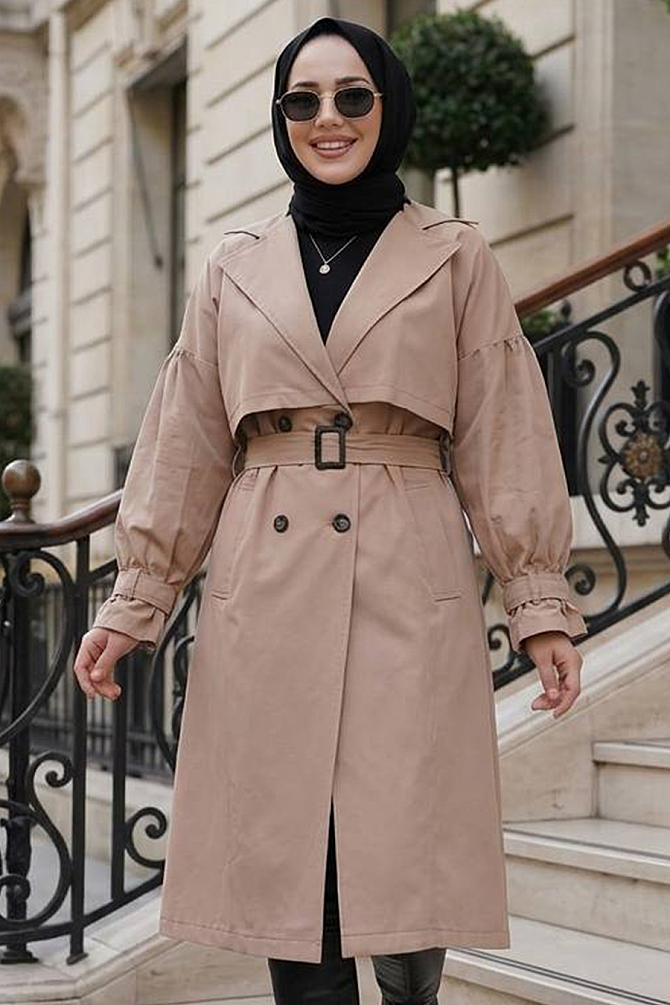 Kemerli Bisküvi Tesettür Trençkot 26421BS - 1
