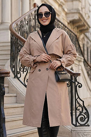 Kemerli Bisküvi Tesettür Trençkot 26421BS - 2