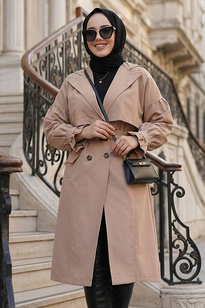 Kemerli Bisküvi Tesettür Trençkot 26421BS - 2