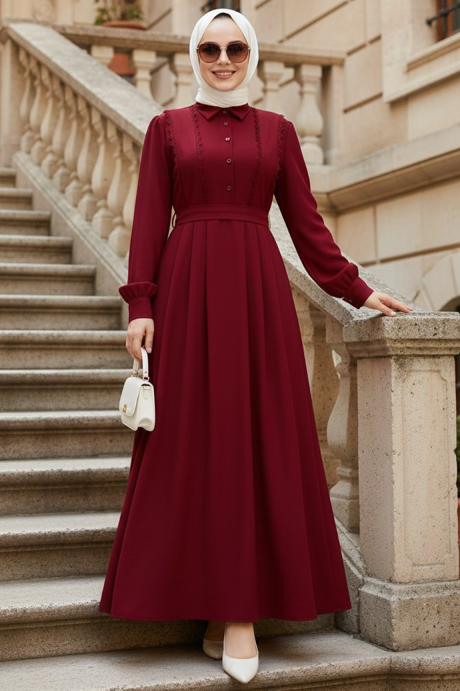Kemerli Bordo Tesettür Elbise 10308BR - 1