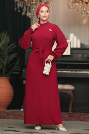 Kemerli Bordo Tesettür Elbise 30013BR - 2
