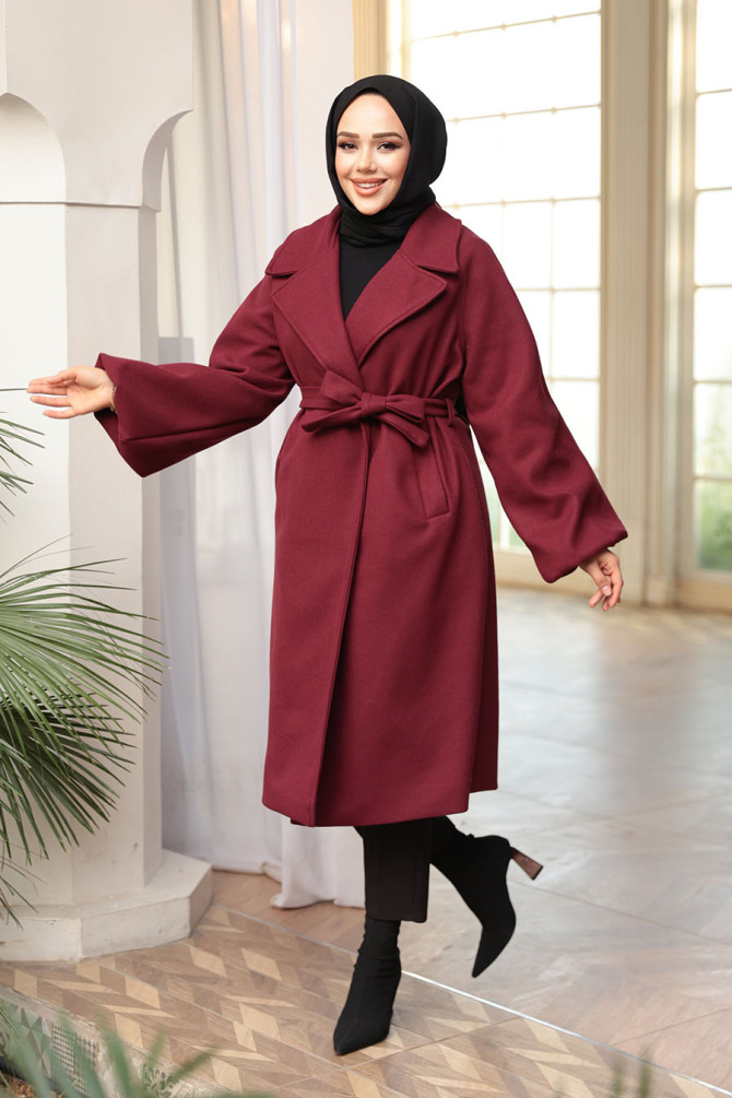 Kemerli Bordo Tesettür Kaşe Kaban 61631BR - N.S NEVA STYLE