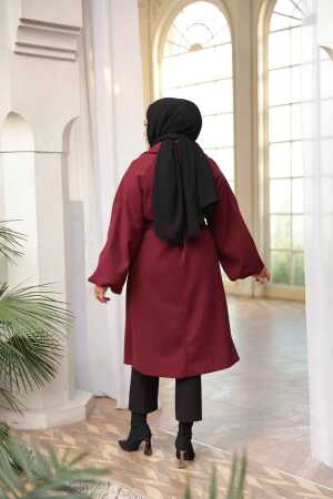 Kemerli Bordo Tesettür Kaşe Kaban 61631BR - 2