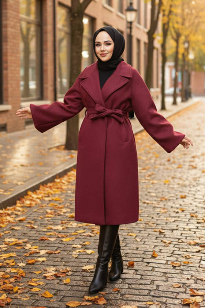 Kemerli Bordo Tesettür Kaşe Kaban 61631BR - N.S NEVA STYLE