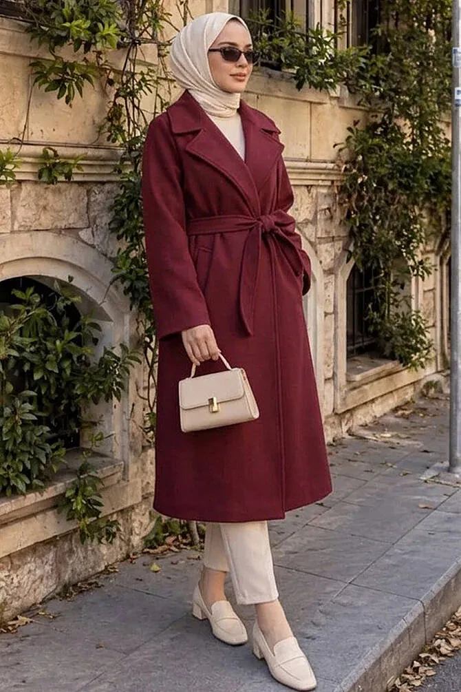 Kemerli Bordo Tesettür Kaşe Kaban 61631BR - 1