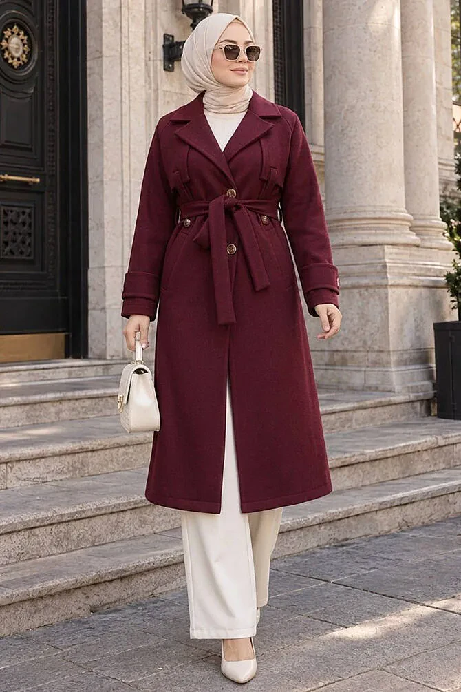 Kemerli Bordo Tesettür Kaşe Kap 6264BR - N.S NEVA STYLE