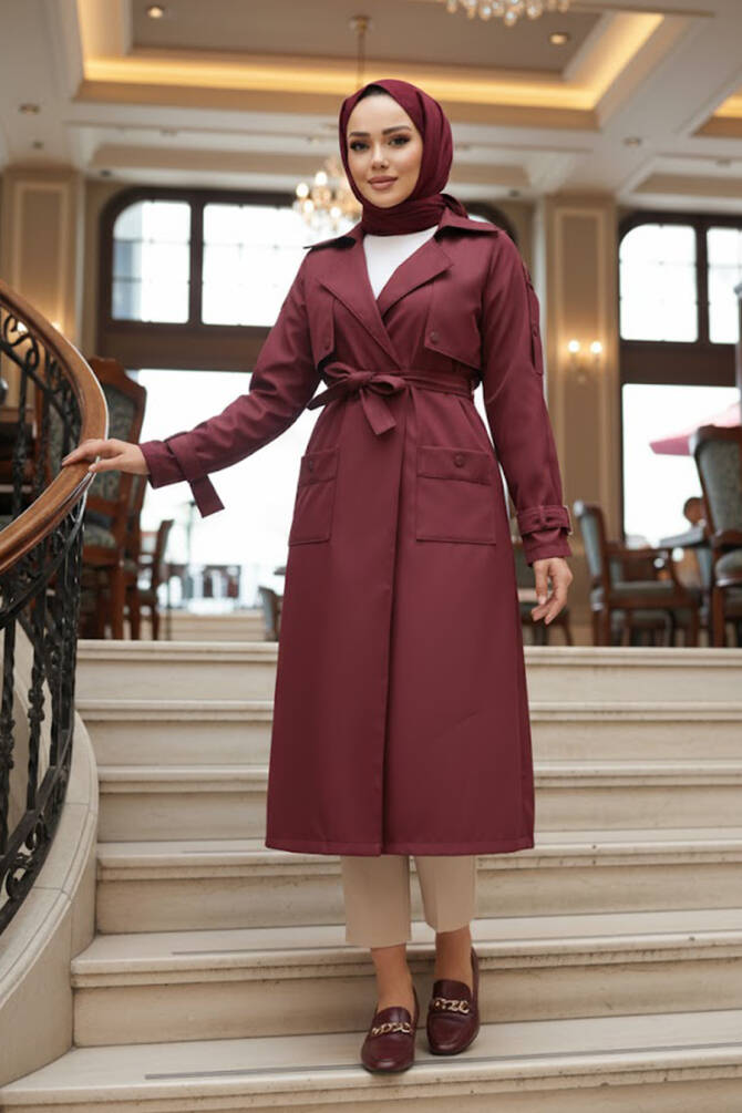 Kemerli Bordo Tesettür Trençkot 10701BR - N.S NEVA STYLE