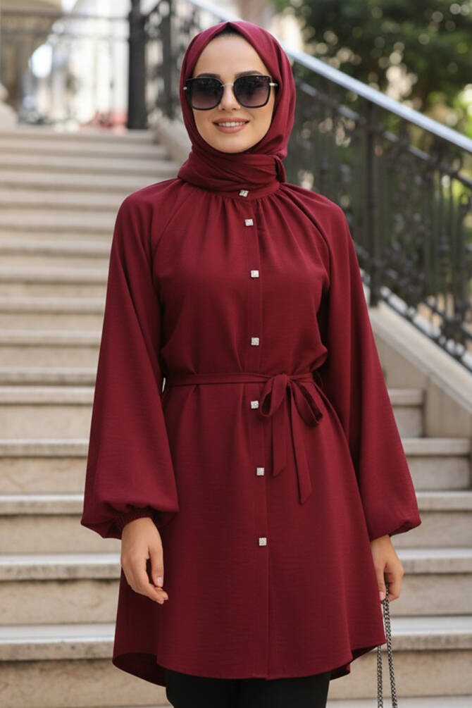 Kemerli Bordo Tesettür Tunik 52871BR - 1