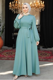 Kemerli Çağla Yeşili Tesettür Elbise 23101CY - Thumbnail