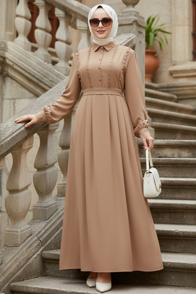 Kemerli Camel Tesettür Elbise 10308C - 1