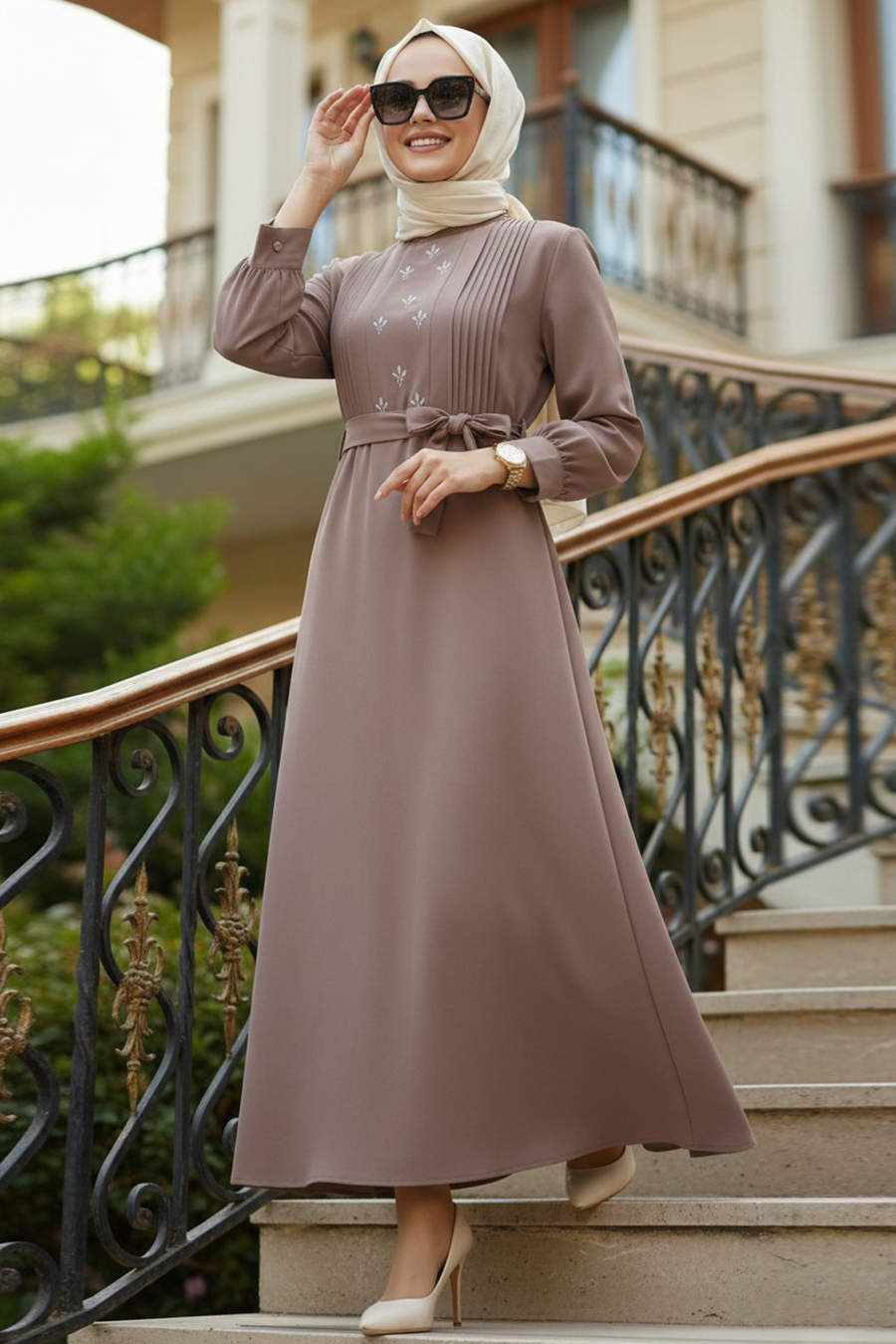 Kemerli Camel Tesettür Elbise 10309C