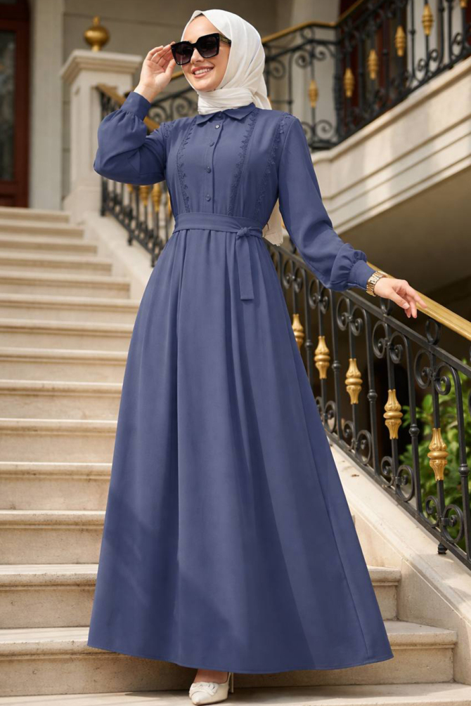 Kemerli Füme Tesettür Elbise 10308FU - 1