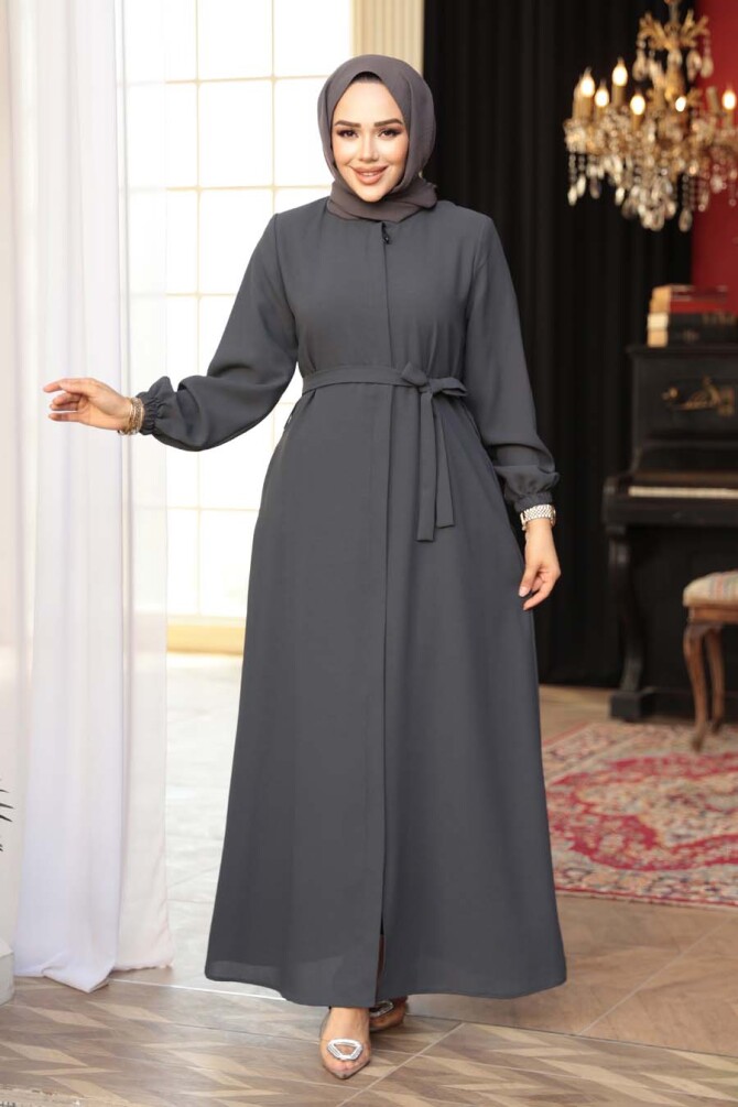 Kemerli Füme Tesettür Ferace 26391FU - 1