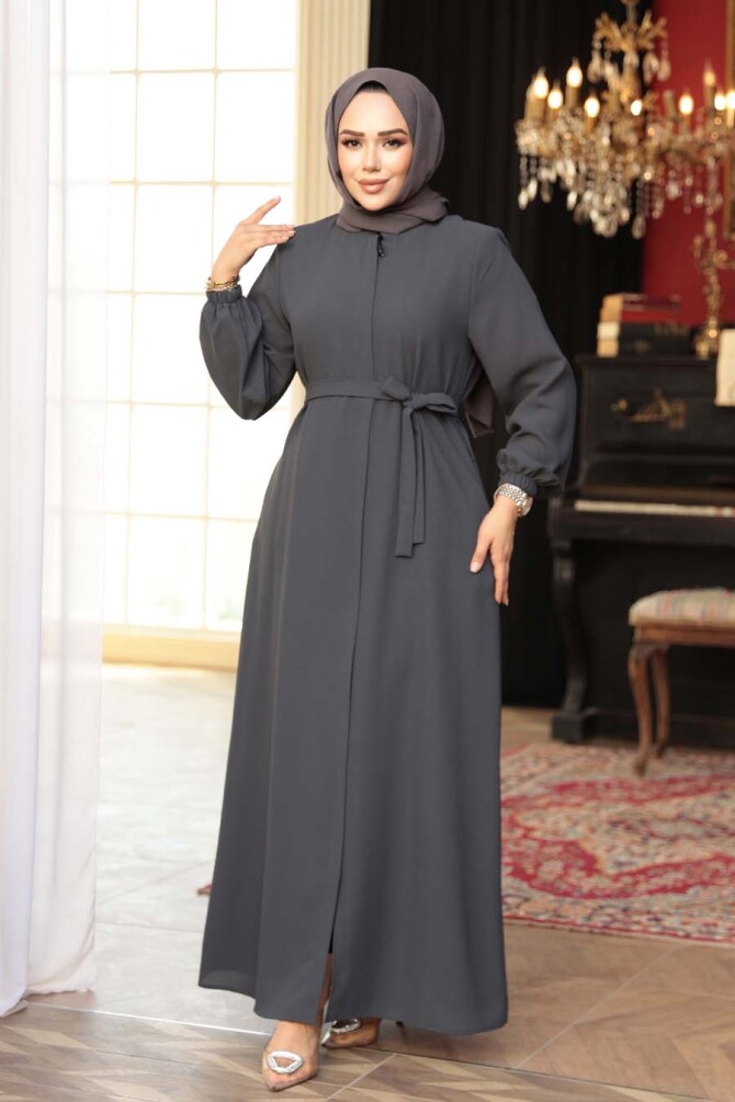 Kemerli Füme Tesettür Ferace 26391FU - 2