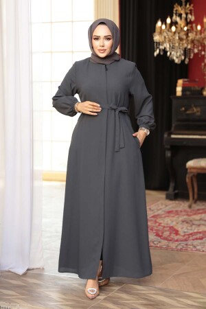 Kemerli Füme Tesettür Ferace 26391FU - 3