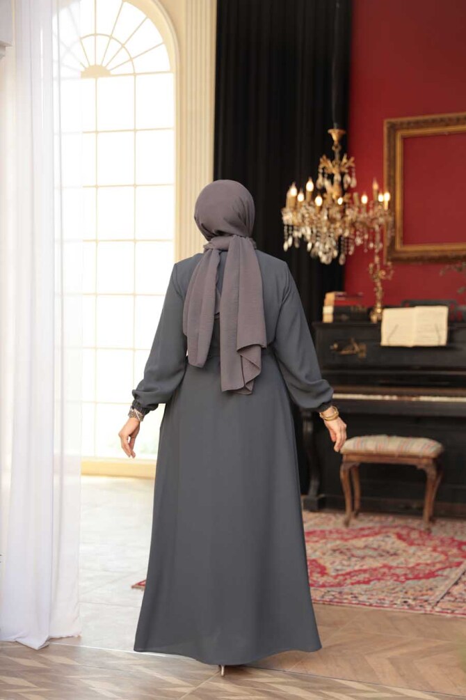 Kemerli Füme Tesettür Ferace 26391FU - 4
